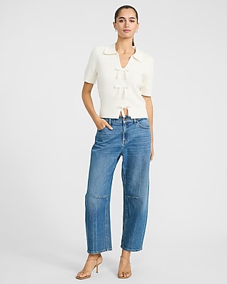 Low Slung Medium Wash Barrel Jeans