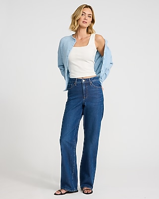 High Waisted Dark Wash Relaxed Straight Jeans