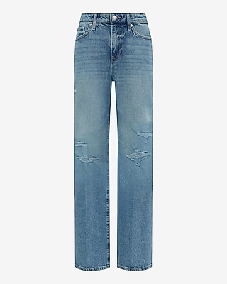 High Waisted Light Wash Ripped Relaxed Straight Jeans