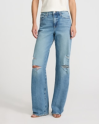 High Waisted Light Wash Ripped Relaxed Straight Jeans