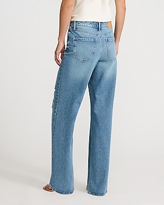 High Waisted Light Wash Ripped Relaxed Straight Jeans