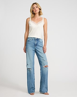 High Waisted Light Wash Ripped Relaxed Straight Jeans