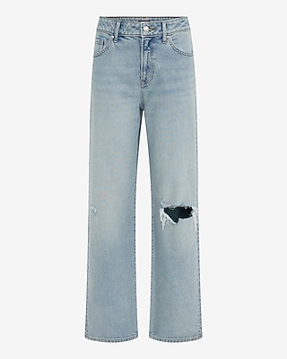 High Waisted Light Wash Ripped Relaxed Straight Jeans