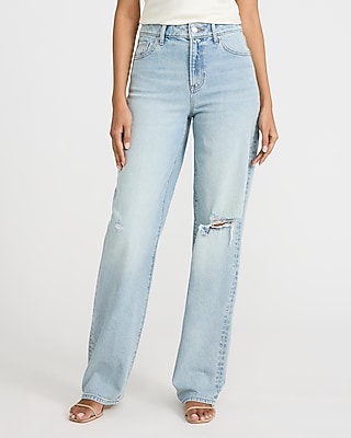 High Waisted Light Wash Ripped Relaxed Straight Jeans