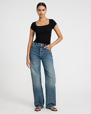 High Waisted Medium Wash Relaxed Straight Jeans