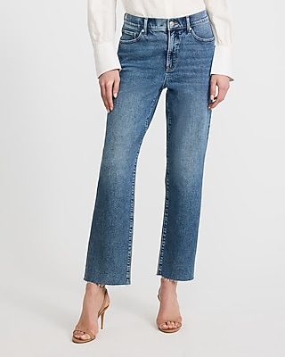 High Waisted Medium Wash Raw Hem Straight Ankle Jeans