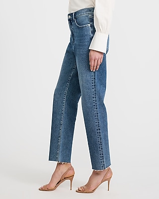 High Waisted Medium Wash Raw Hem Straight Ankle Jeans
