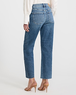 High Waisted Medium Wash Raw Hem Straight Ankle Jeans