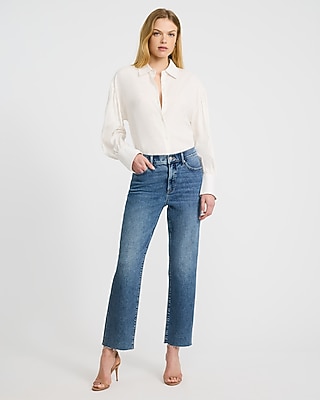 High Waisted Medium Wash Raw Hem Straight Ankle Jeans