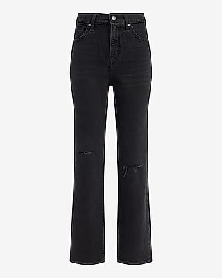 High Waisted Ripped Straight Ankle Black Wash Jeans
