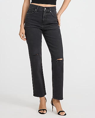 High Waisted Ripped Straight Ankle Black Wash Jeans