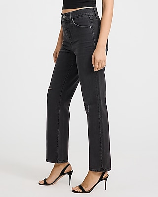 High Waisted Ripped Straight Ankle Black Wash Jeans