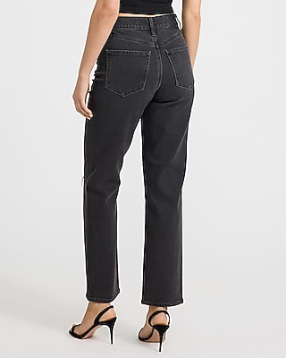 High Waisted Ripped Straight Ankle Black Wash Jeans