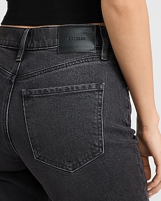 High Waisted Ripped Straight Ankle Black Wash Jeans