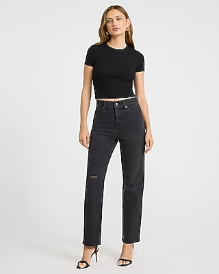 High Waisted Ripped Straight Ankle Black Wash Jeans