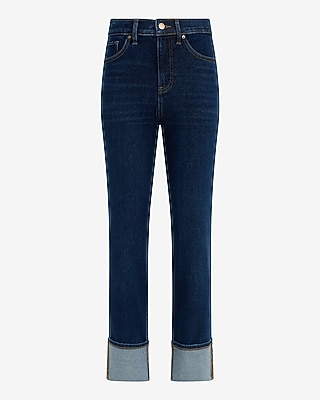 High Waisted Cuffed Straight Ankle Dark Wash Jeans Hyper Stretch