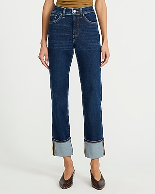 High Waisted Cuffed Straight Ankle Dark Wash Jeans Hyper Stretch