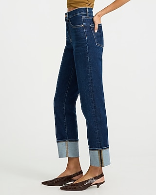 High Waisted Cuffed Straight Ankle Dark Wash Jeans Hyper Stretch