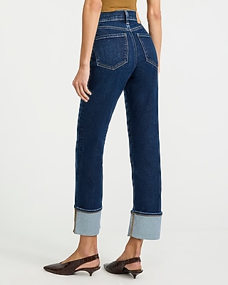 High Waisted Cuffed Straight Ankle Dark Wash Jeans Hyper Stretch
