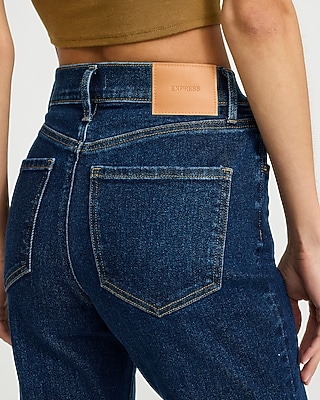 High Waisted Cuffed Straight Ankle Dark Wash Jeans Hyper Stretch