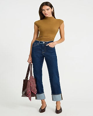 High Waisted Cuffed Straight Ankle Dark Wash Jeans Hyper Stretch