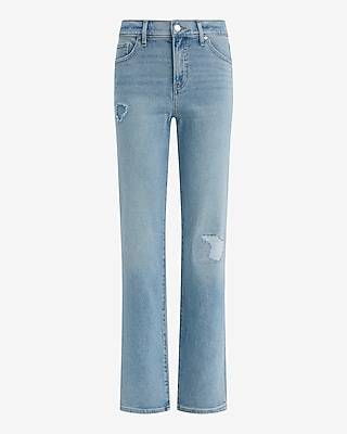 High Waisted Light Wash Ripped Straight Jeans