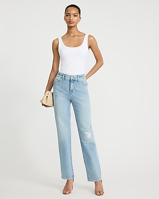 High Waisted Light Wash Ripped Straight Jeans