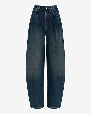 High Waisted Pleated Barrel Dark Wash Jeans