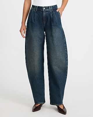 High Waisted Pleated Barrel Dark Wash Jeans