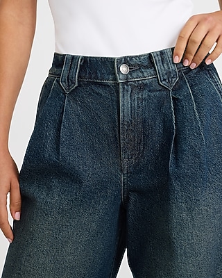 High Waisted Pleated Barrel Dark Wash Jeans