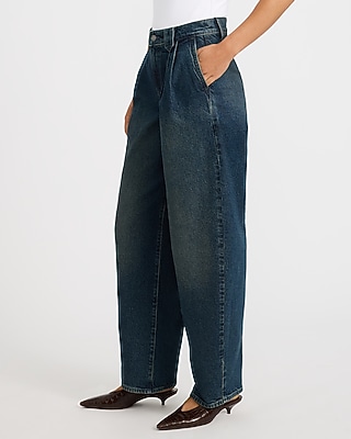 High Waisted Pleated Barrel Dark Wash Jeans