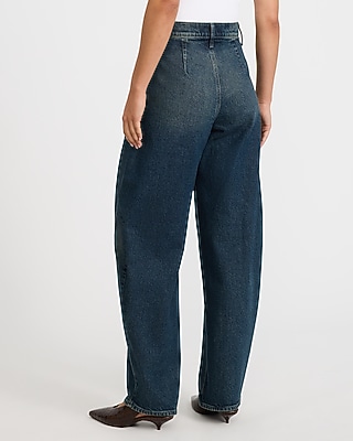 High Waisted Pleated Barrel Dark Wash Jeans