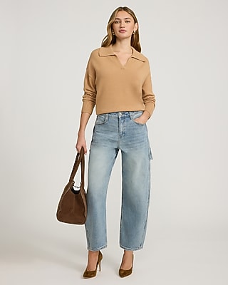 Mid Rise Light Wash Side Tab Barrel Jeans