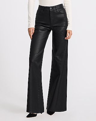 High Waisted Wide Leg Black Coated Jeans