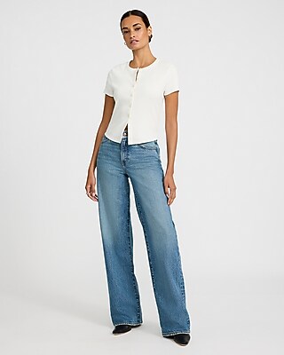 High Waisted Light Wash 50/50 Rigid Stretch Wide Leg Jeans