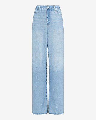 High Waisted Light Wash Pull On Wide Leg Knit Jeans