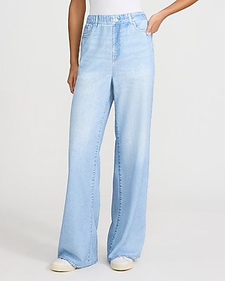 High Waisted Light Wash Pull On Wide Leg Knit Jeans