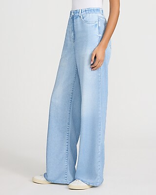 High Waisted Light Wash Pull On Wide Leg Knit Jeans