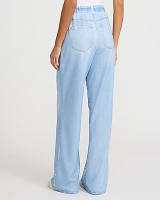 High Waisted Light Wash Pull On Wide Leg Knit Jeans