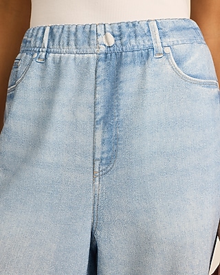 High Waisted Light Wash Pull On Wide Leg Knit Jeans