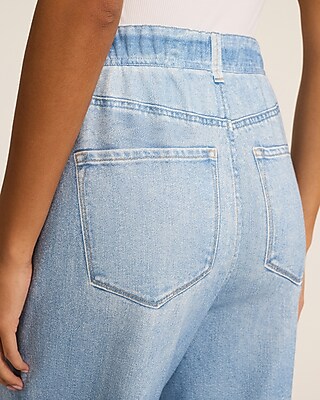 High Waisted Light Wash Pull On Wide Leg Knit Jeans