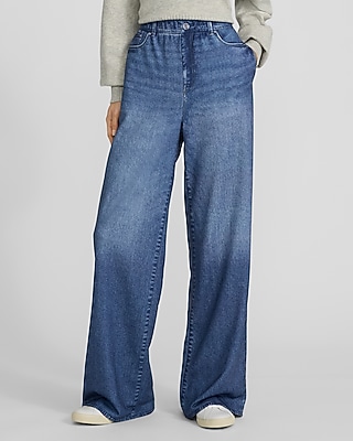 High Waisted Dark Wash Pull On Wide Leg Knit Jeans