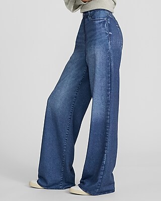 High Waisted Dark Wash Pull On Wide Leg Knit Jeans