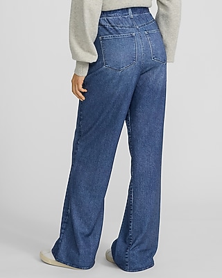 High Waisted Dark Wash Pull On Wide Leg Knit Jeans