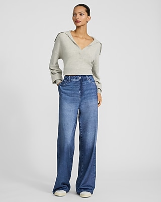 High Waisted Dark Wash Pull On Wide Leg Knit Jeans