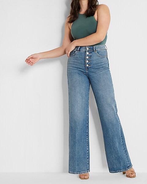 Super High Waisted Medium Wash Button Fly 90s Wide Leg Jeans