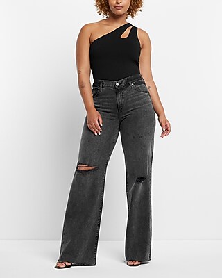 Wide Leg Black Ripped Jeans Size 14 Mid Rise Black Ripped Wide Leg