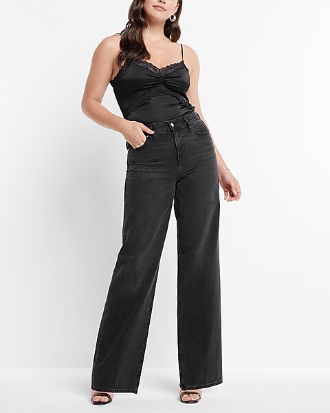 High Waisted Washed Black Wide Leg Jeans
