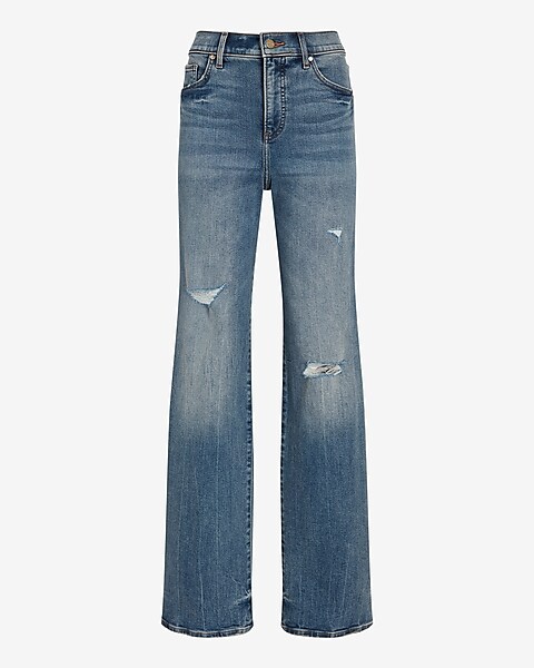 High Waisted Medium Wash Distressed Wide Leg Jeans