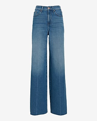 Super High Waisted Medium Wash Raw Hem Baggy Wide Leg Jeans | Express